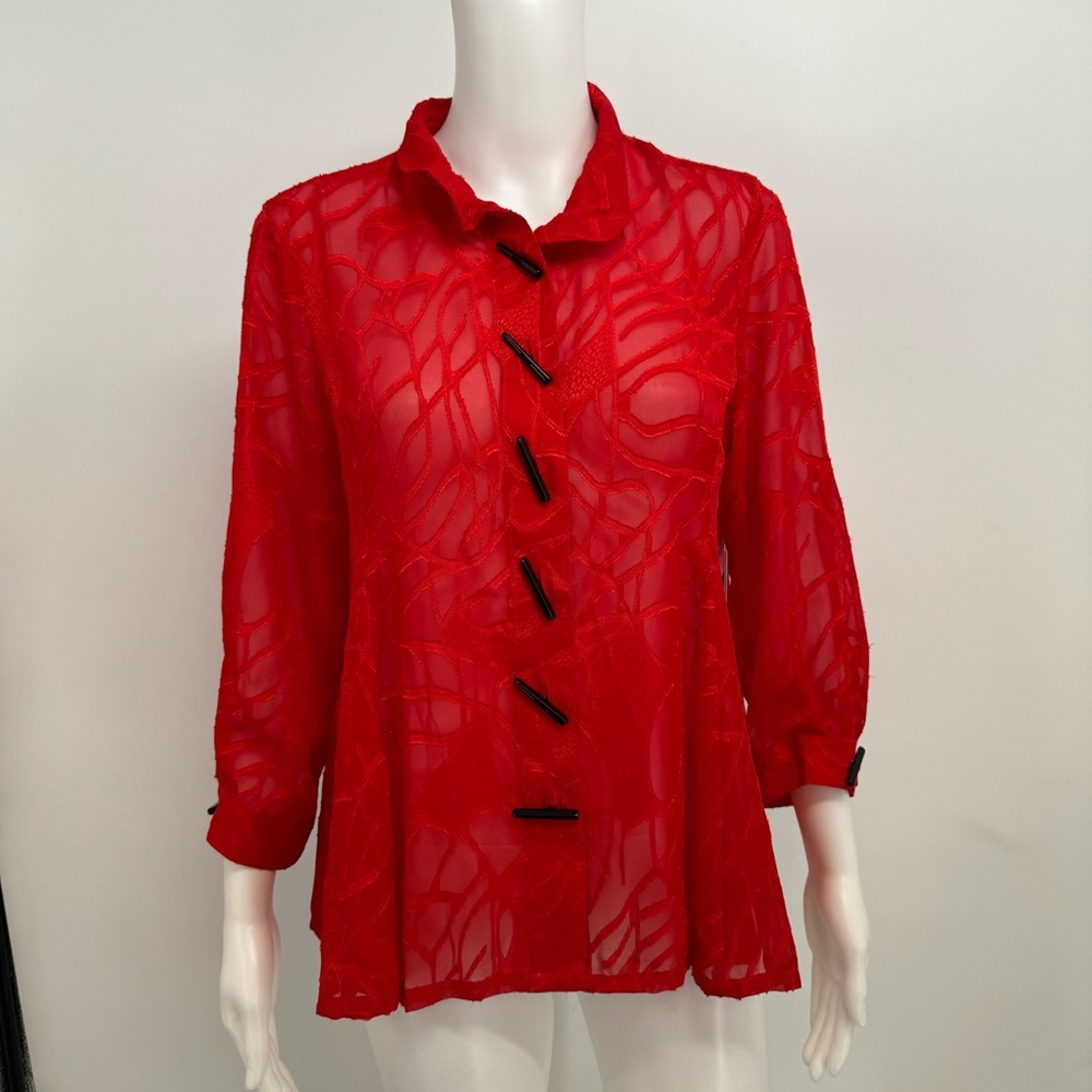 NWT Ali Miles  Woven Wire Collar 3/4 Sleeve Blouse Buttons Petite Small New